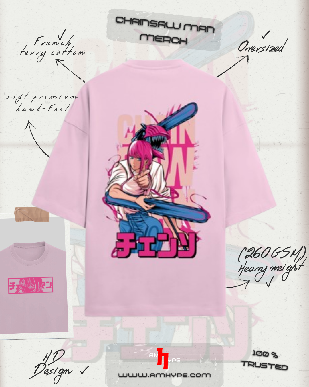 Chainsaw Man Oversized Terry Tee — Makima Japanese Front & Back Graphic - amhype