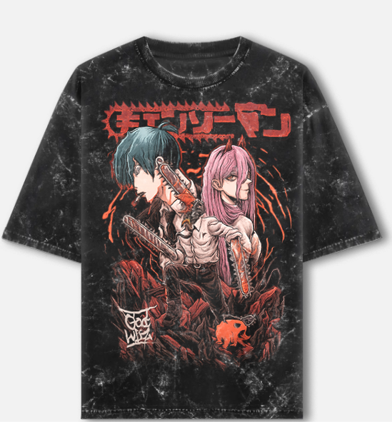Chainsaw Man Acid-Wash Tee — Denji & Makima Front Print (Unisex Oversized)