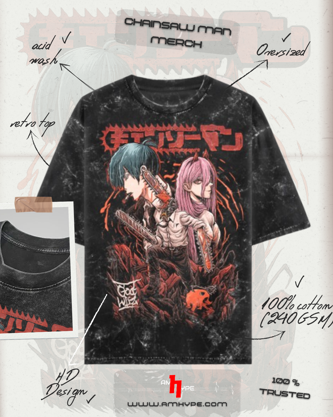 Chainsaw Man Acid-Wash Tee — Denji & Makima Front Print (Unisex Oversized) - amhype