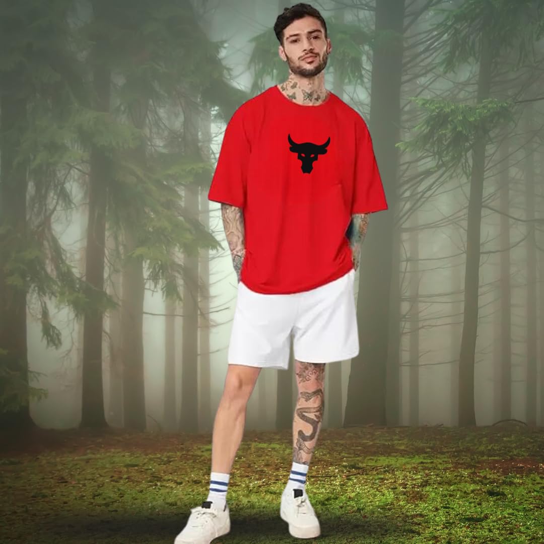 Amhype Men Half Sleeve Oversized Tshirt, Round Neck Longline Drop Shoulder, Colorful Printed Regular Fit T-Shirt - amhype