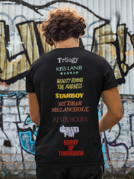 The Weeknd Tribute Oversized T-Shirt – "Hurry Up Tomorrow" Front Print + Full Album Timeline Back | 240 GSM Cotton Tee | AMHYPE USA - amhype