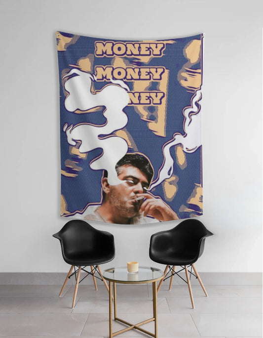 Ajith Kumar Wall Tapestry – “Money Money Money” Design with Mankatha Movie Vibes - amhype