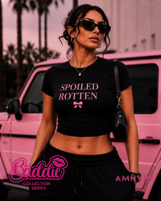 Spoiled Rotten baby tee in Black — AMHYPE Baddie Edition quote tee