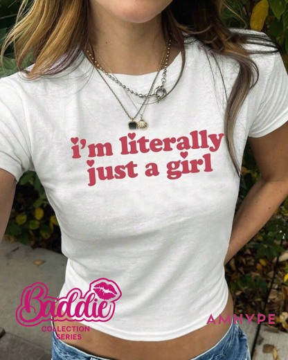 Just A Girl baby tee in White — AMHYPE Baddie Edition quote tee