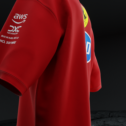 Left sleeve detail of Ferrari Pitstop oversized tee with AWS, DXC Technology, Richard Mille and HCL Software sponsor logos