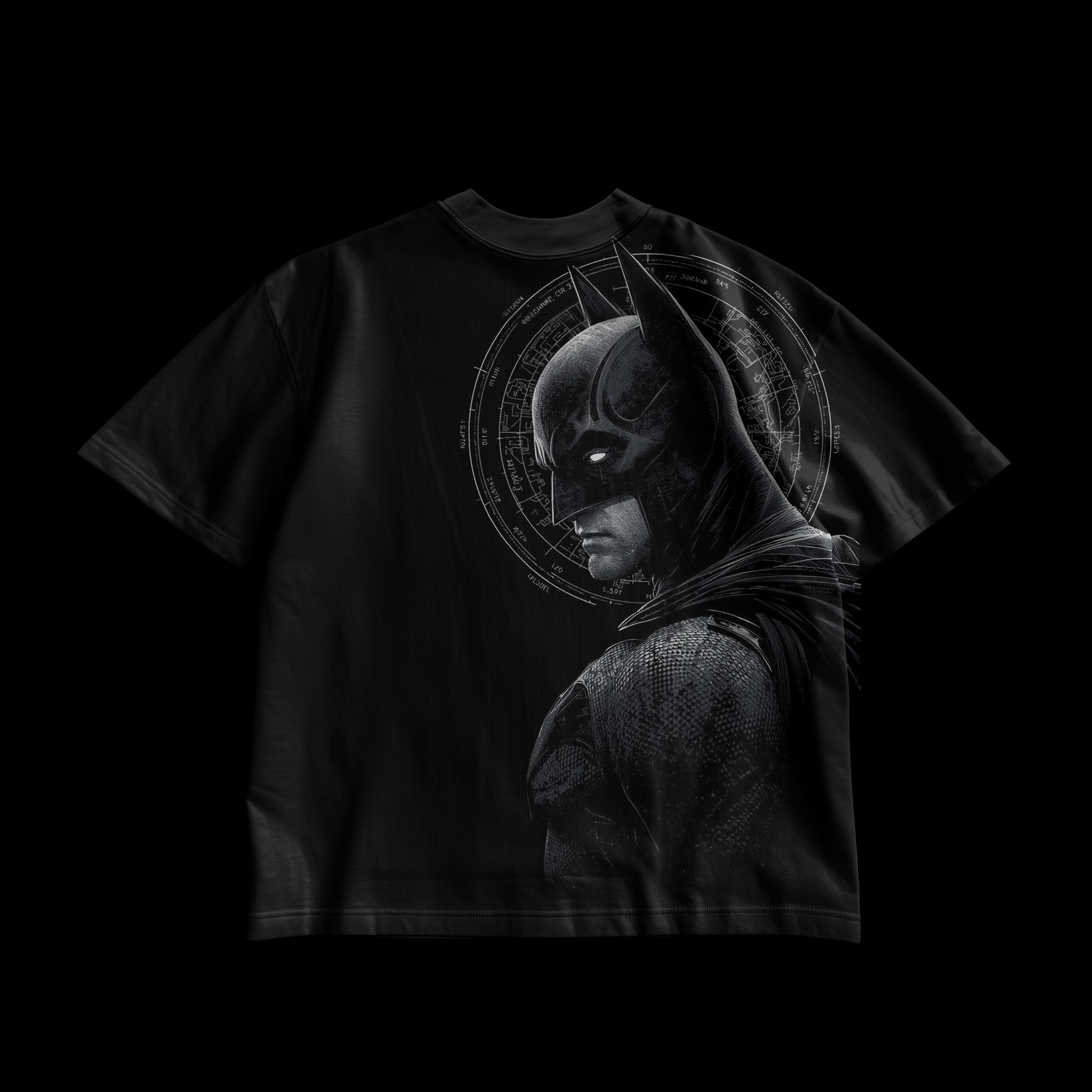 amhype Batman Dark Knight Blueprint oversized tee back — cinematic Batman portrait with Gotham city blueprint halo on black