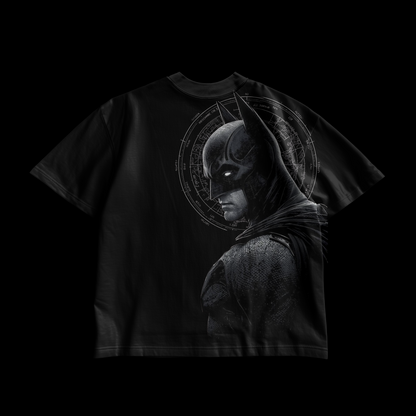 amhype Batman Dark Knight Blueprint oversized tee back — cinematic Batman portrait with Gotham city blueprint halo on black