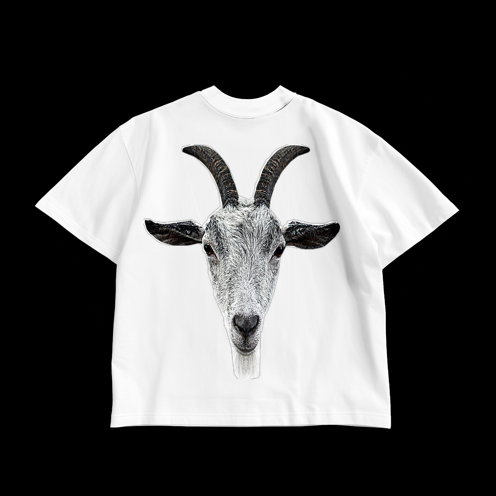 amhype Messi GOAT white oversized tee back — large photorealistic goat face print, Greatest Of All Time tribute