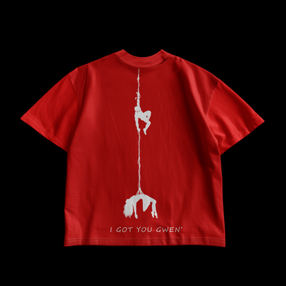 amhype red oversized graphic tee back view — white rope silhouette with two figures and I Got You Gwen print