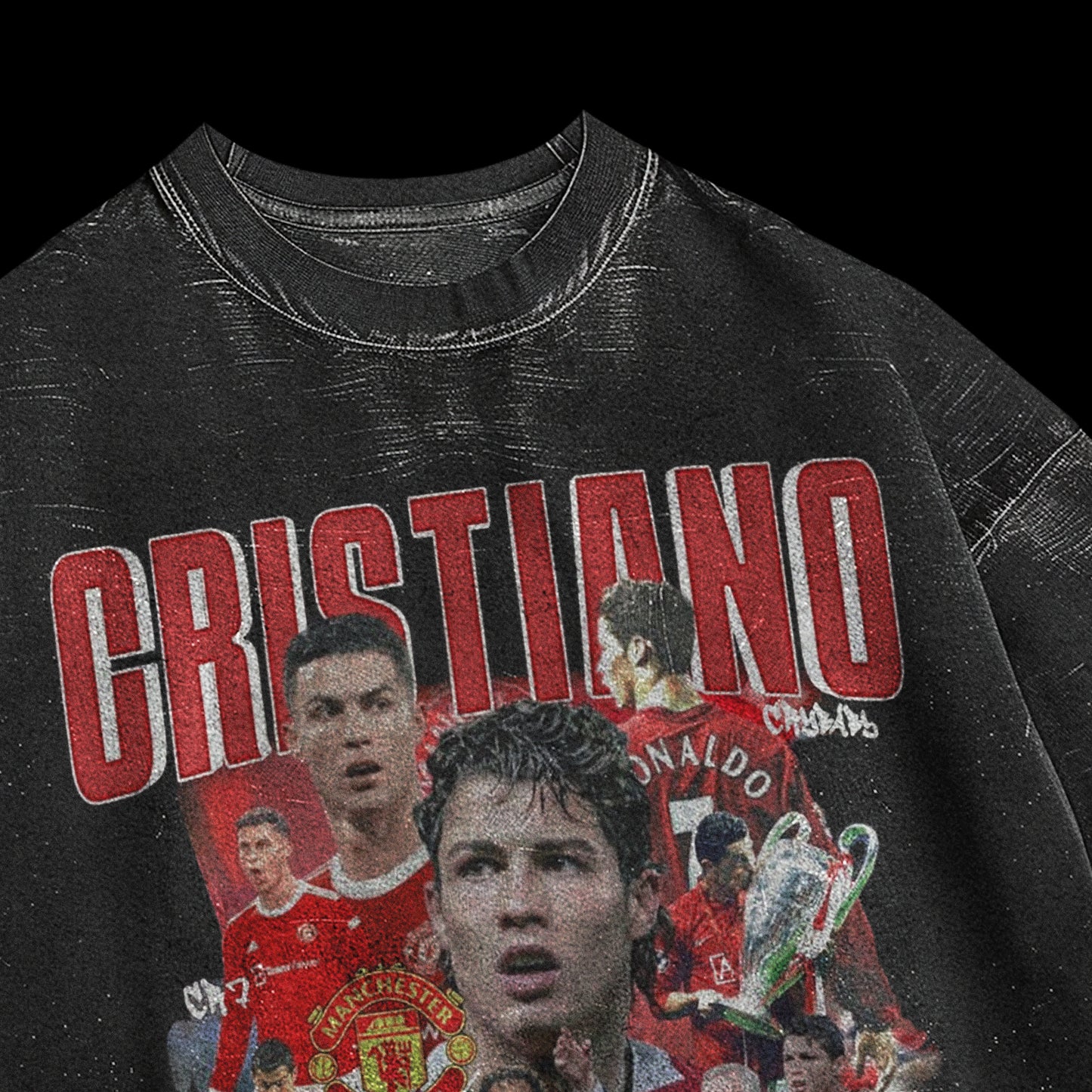 Close-up detail of Cristiano Ronaldo CRISTIANO text and collage print on amhype acid washed black oversized tee