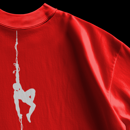 Close-up detail of white rope and figure silhouette print on amhype heavyweight red oversized tee back