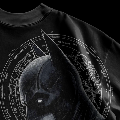 Close-up detail of Batman helmet and Gotham blueprint circle print on amhype black heavyweight oversized tee back