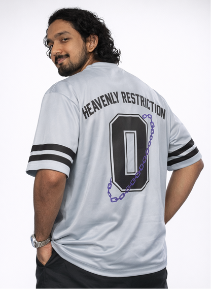 Person wearing a white sports jersey with 'Heavenly Restriction' text and number 0 on a plain background