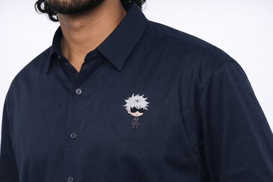 Jujutsu Kaisen Oversized Shirt – Cute Gojo Chest Embroidery in Navy | 100% Cotton 240 GSM