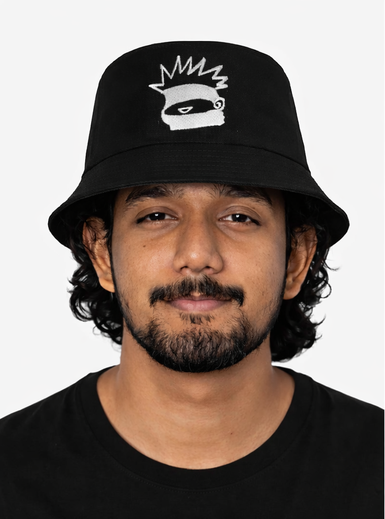 Two images of a man wearing a black bucket hat with a hojo logo on a white background