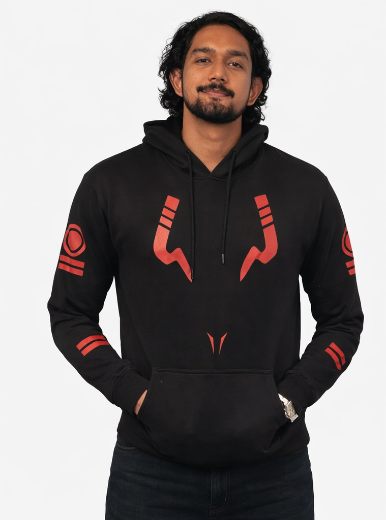 Black hoodie with sukuna pattern designs on sleeves and back worn by a person, shown from front and back.