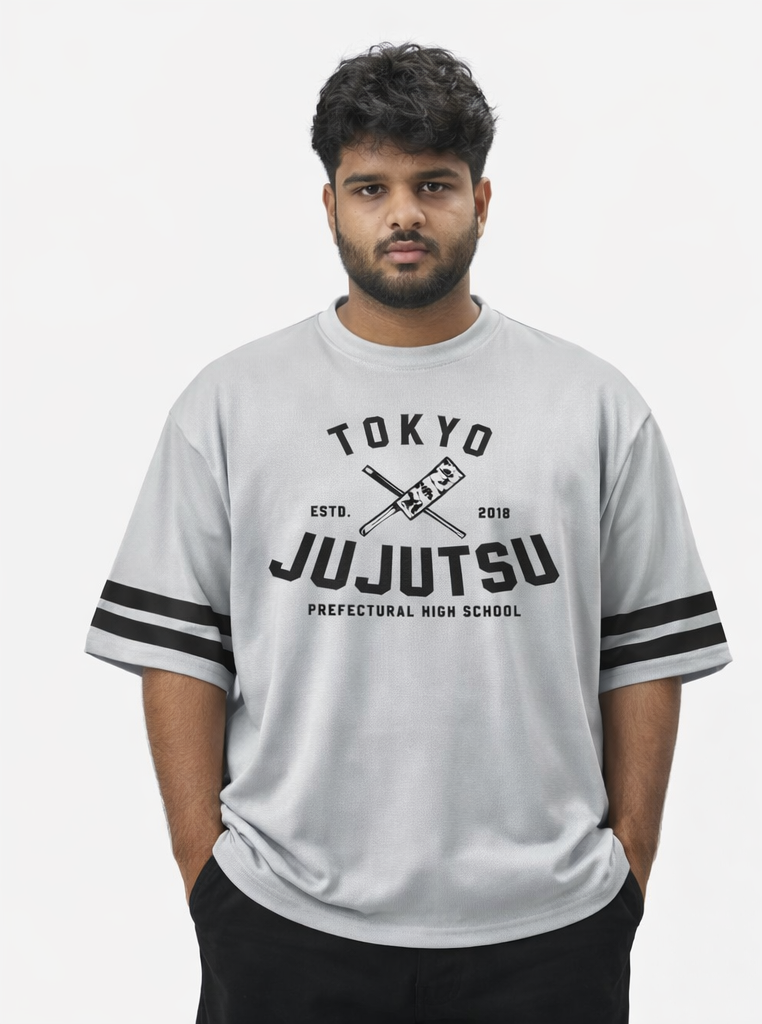 Jujutsu Kaisen Oversized Jersey – Overtime 7:3 Edition | 240 GSM Micro-Knitted Polyester