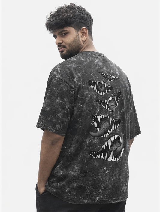 Jujutsu Kaisen Sukuna Acid-Wash Oversized T-Shirt – Mini Front Logo & Full Back Tongue Graphic | 240 GSM Cotton