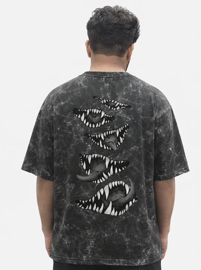 Jujutsu Kaisen Sukuna Acid-Wash Oversized T-Shirt – Mini Front Logo & Full Back Tongue Graphic | 240 GSM Cotton