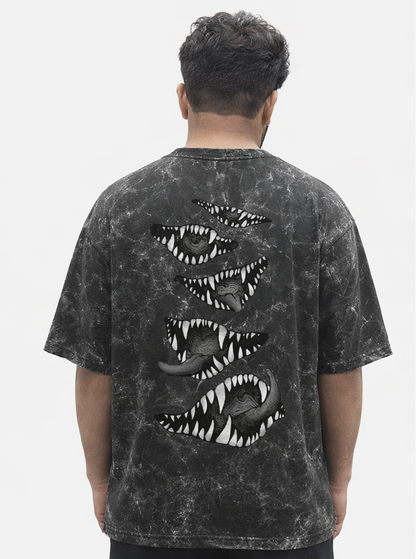 Jujutsu Kaisen Sukuna Acid-Wash Oversized T-Shirt – Mini Front Logo & Full Back Tongue Graphic | 240 GSM Cotton