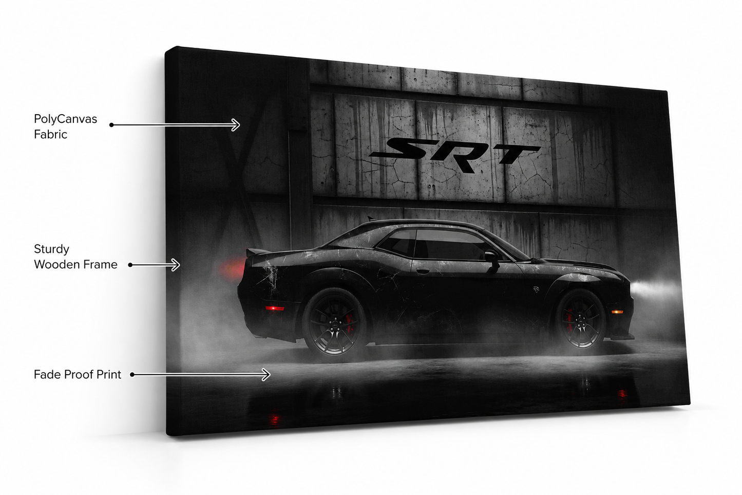 Dodge Challenger SRT matte black canvas wall art — product shot showing PolyCanvas fabric on wooden frame with dark garage print by amhype