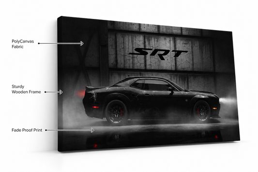 Dodge Challenger SRT matte black canvas wall art — product shot showing PolyCanvas fabric on wooden frame with dark garage print by amhype