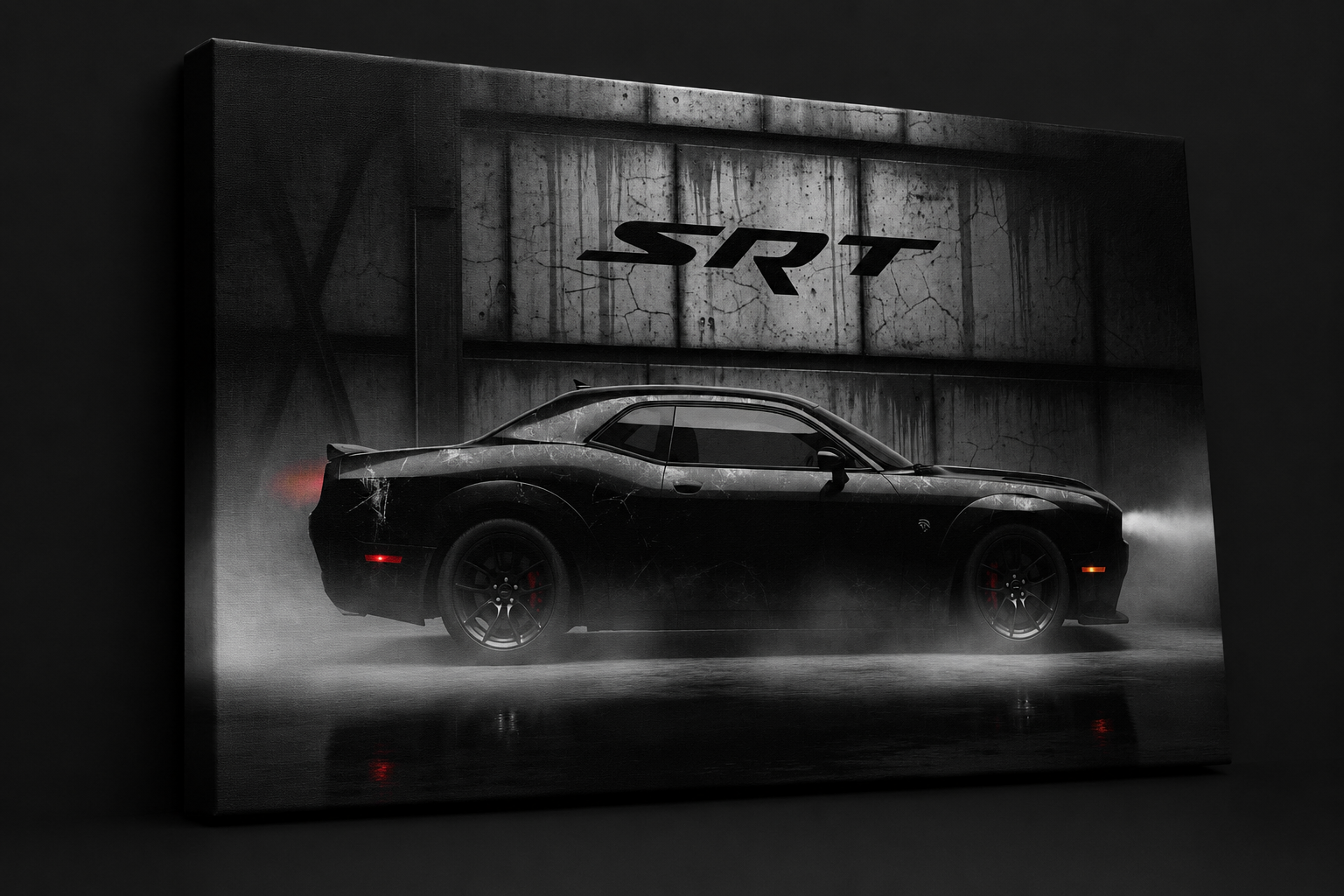 Dodge Challenger SRT canvas close-up — matte black muscle car in smoke-filled garage with SRT concrete wall backdrop by amhype