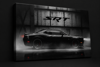 Dodge Challenger SRT canvas close-up — matte black muscle car in smoke-filled garage with SRT concrete wall backdrop by amhype