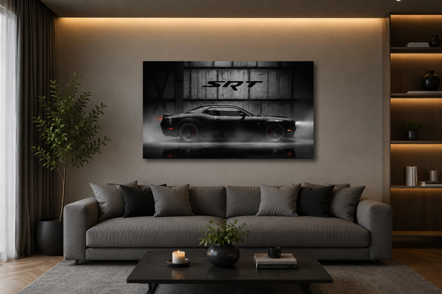 Dodge Challenger SRT black muscle car canvas wall art displayed in living room — moody garage smoke and SRT branding print by amhype