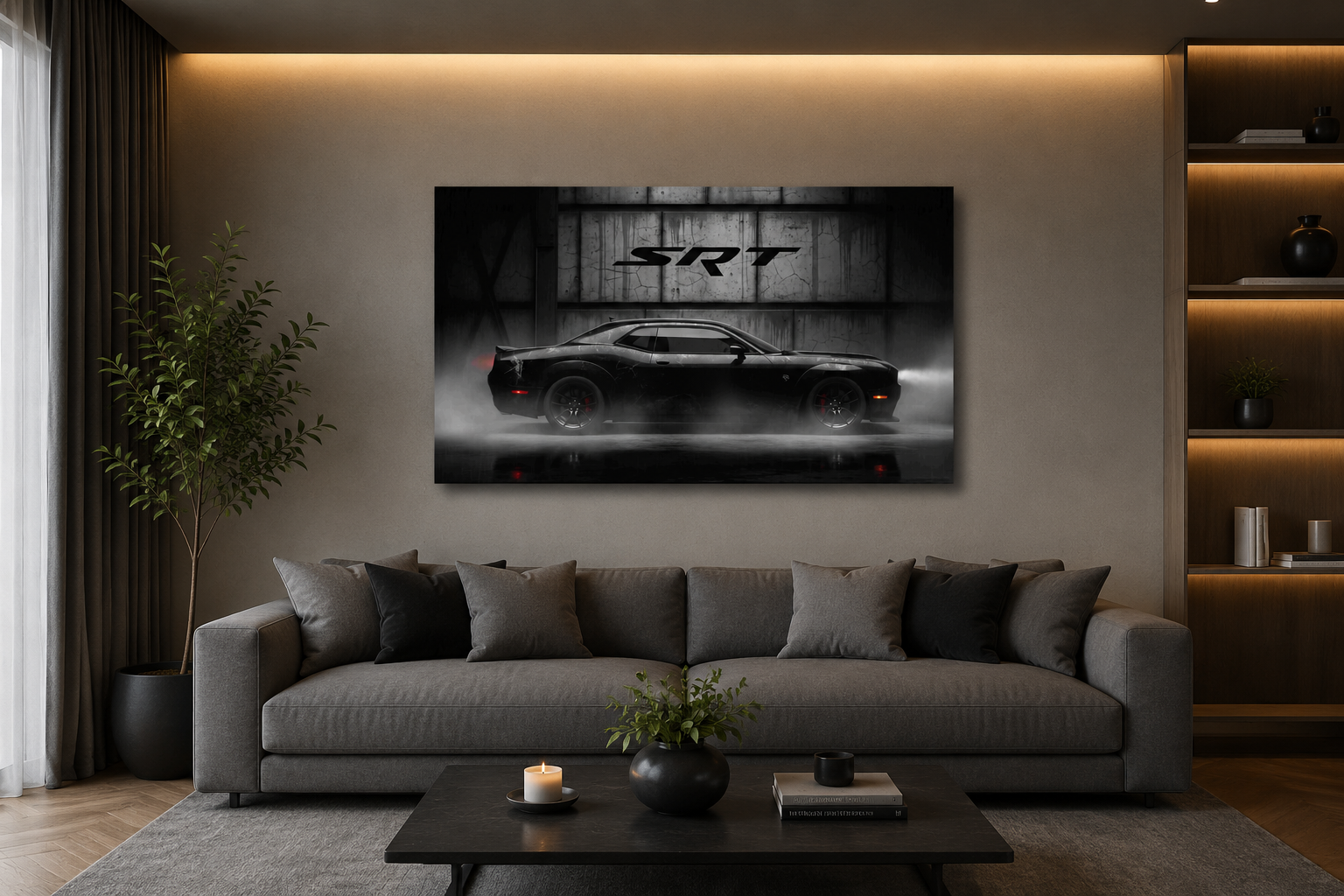 Dodge Challenger SRT black muscle car canvas wall art displayed in living room — moody garage smoke and SRT branding print by amhype