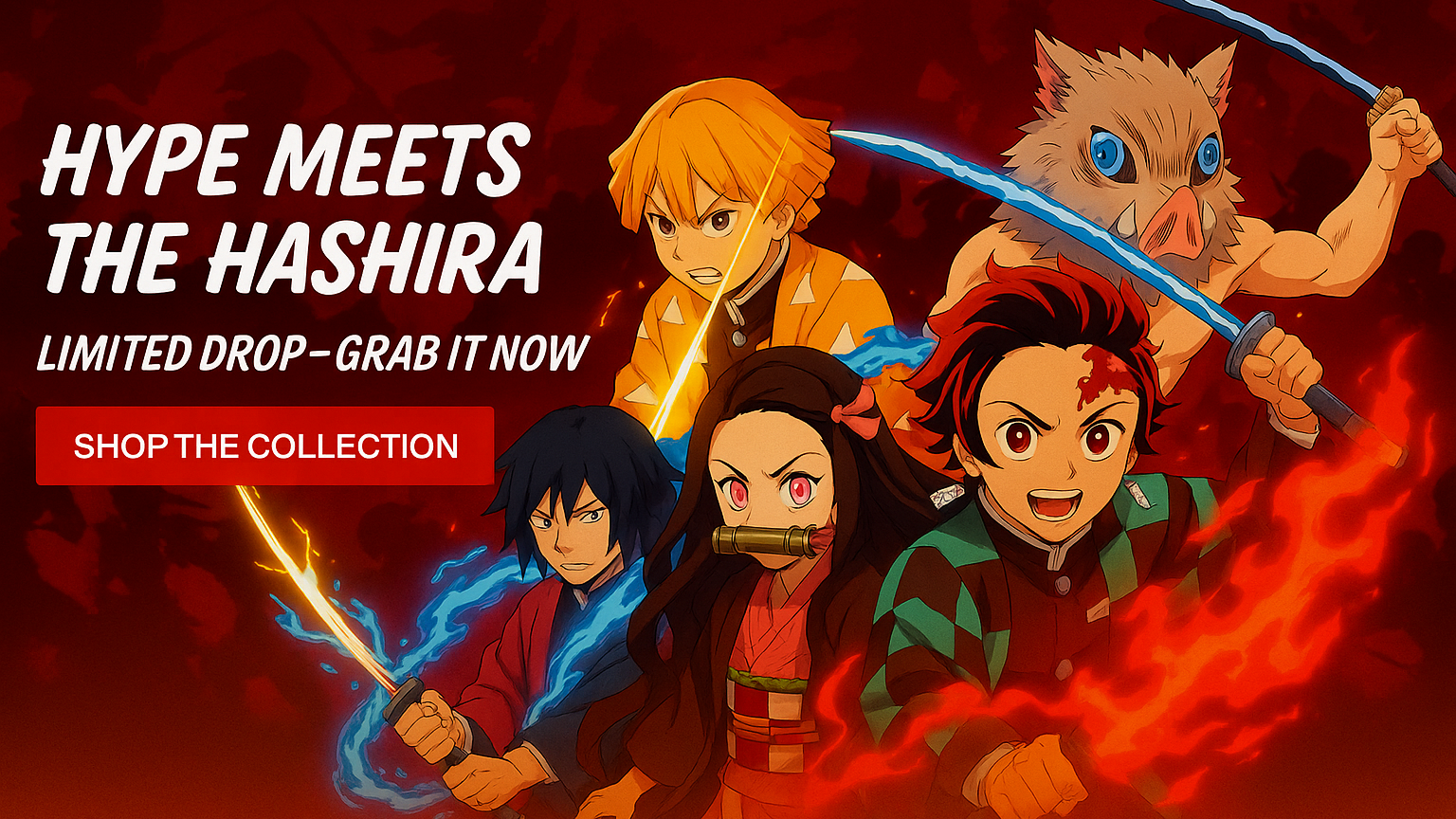 Promotional graphic for 'Hype Meets the Hashira' with animated characters and action poses on a red background.