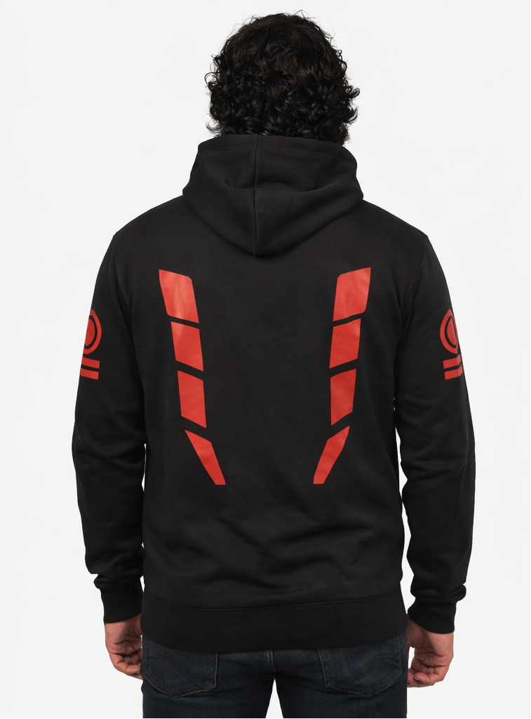 Black hoodie with sukuna pattern designs on sleeves and back worn by a person, shown from front and back.