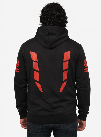 Black hoodie with sukuna pattern designs on sleeves and back worn by a person, shown from front and back.