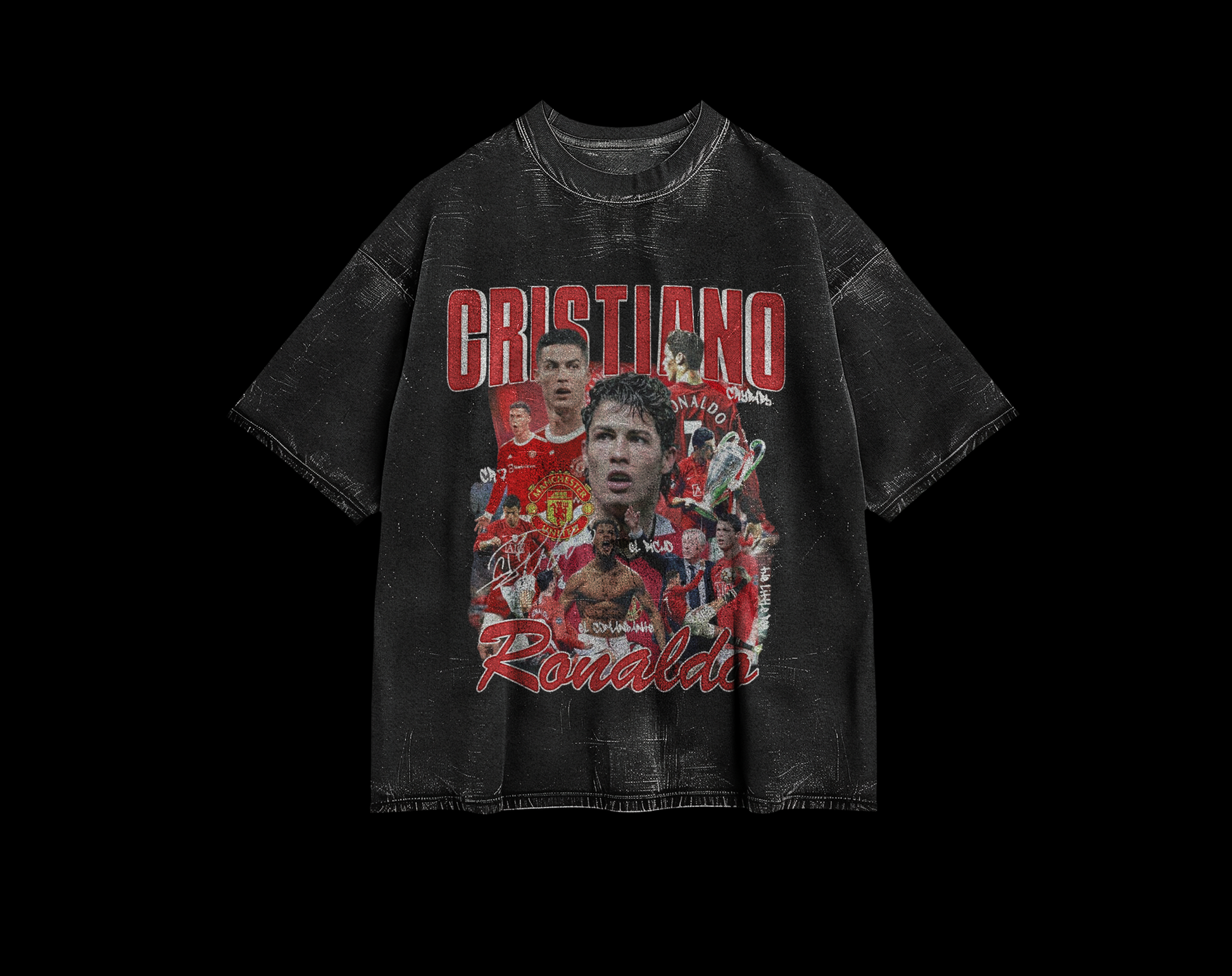 amhype Cristiano Ronaldo CR7 vintage acid wash oversized tee front — bootleg fan art collage with Manchester United era portraits and CR7 text