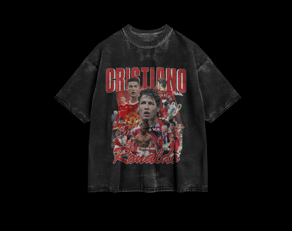 amhype Cristiano Ronaldo CR7 vintage acid wash oversized tee front — bootleg fan art collage with Manchester United era portraits and CR7 text