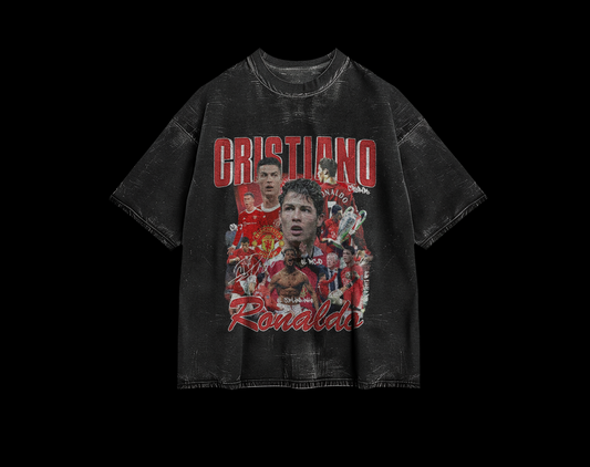 amhype Cristiano Ronaldo CR7 vintage acid wash oversized tee front — bootleg fan art collage with Manchester United era portraits and CR7 text
