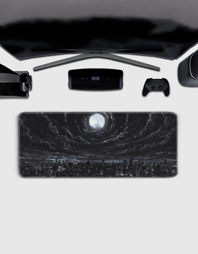 Dark aesthetic city moonlit sky gaming pad desk mat — moody night cityscape print by amhype