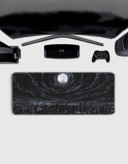 Dark aesthetic city moonlit sky gaming pad desk mat — moody night cityscape print by amhype