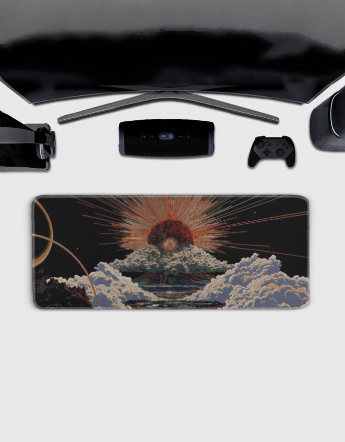 Aesthetic white clouds and golden sun rays gaming pad desk mat — pastel sky print by amhype