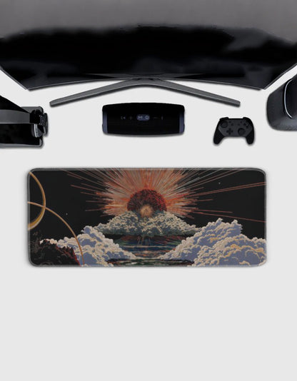 Aesthetic white clouds and golden sun rays gaming pad desk mat — pastel sky print by amhype