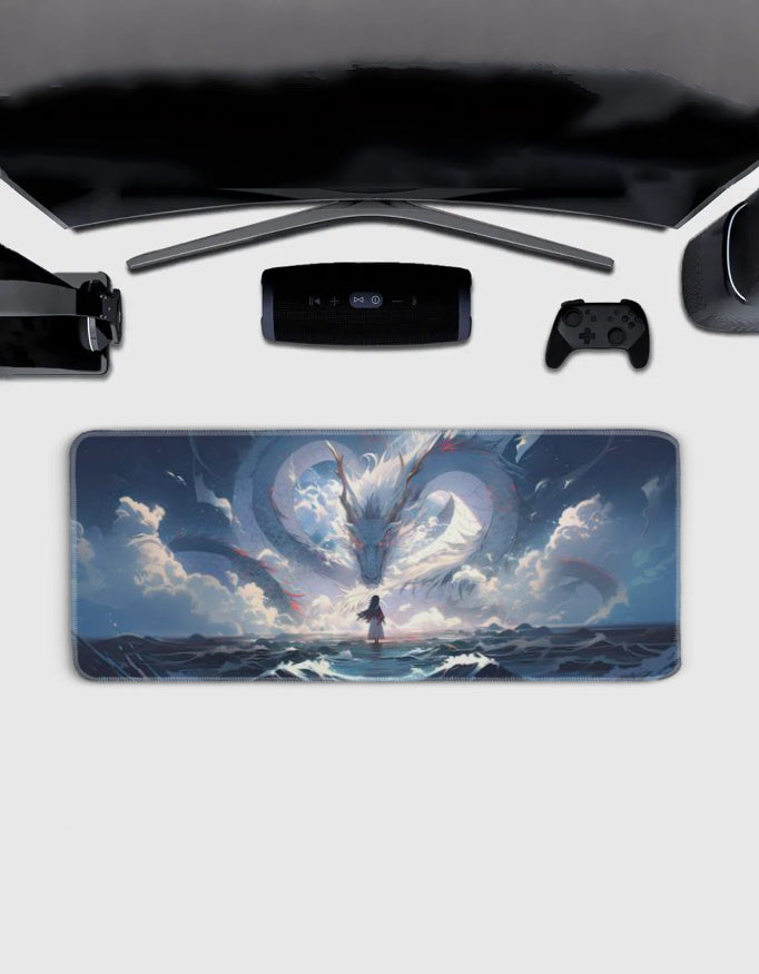 Anime white dragon and girl fantasy gaming pad desk mat — aesthetic fantasy art by amhype