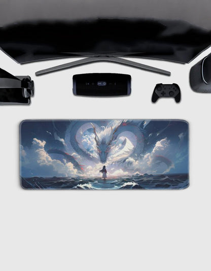 Anime white dragon and girl fantasy gaming pad desk mat — aesthetic fantasy art by amhype
