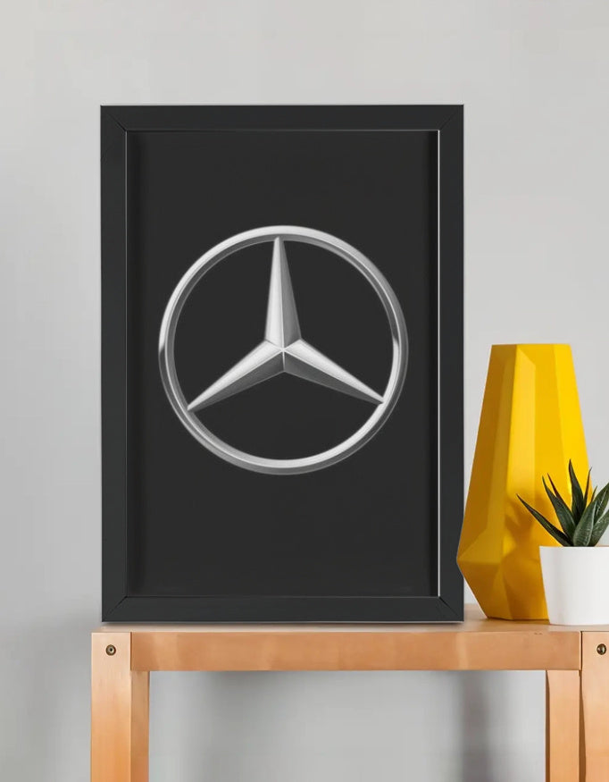 Mercedes-Benz silver three-pointed star logo framed poster — glossy print on matte black background in premium black frame