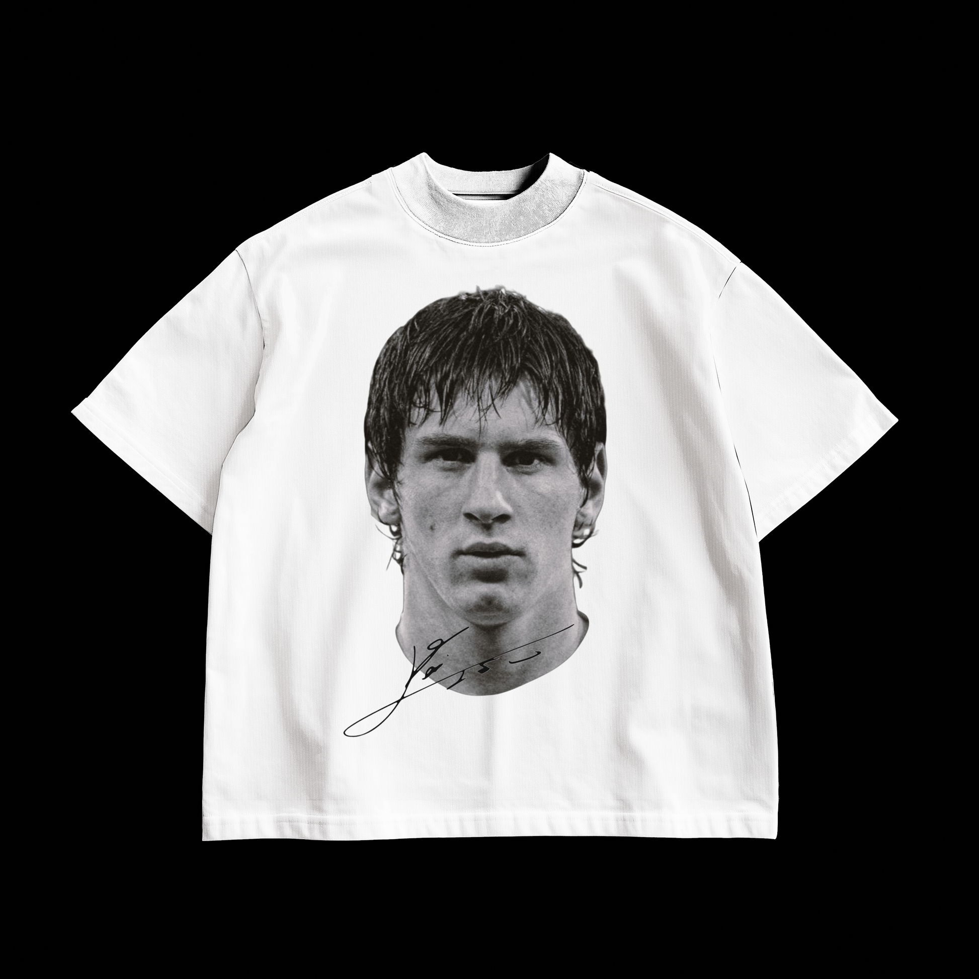 amhype Messi GOAT white oversized tee front — Lionel Messi aesthetic portrait print on heavyweight drop shoulder tee