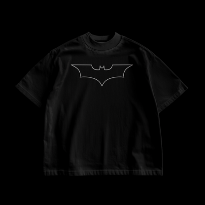 amhype Batman Dark Knight black unisex oversized drop shoulder tee front — minimal white outline bat signal logo print