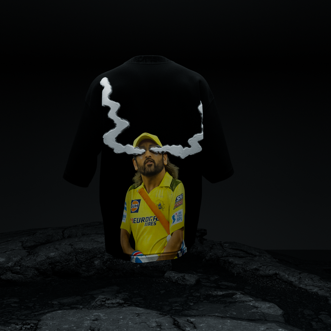 amhype MS Dhoni Crown 7 oversized tee back view — Dhoni CSK yellow jersey portrait with 3D white cloud halo cold eyes on black terry tee