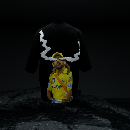 amhype MS Dhoni Crown 7 oversized tee back view — Dhoni CSK yellow jersey portrait with 3D white cloud halo cold eyes on black terry tee