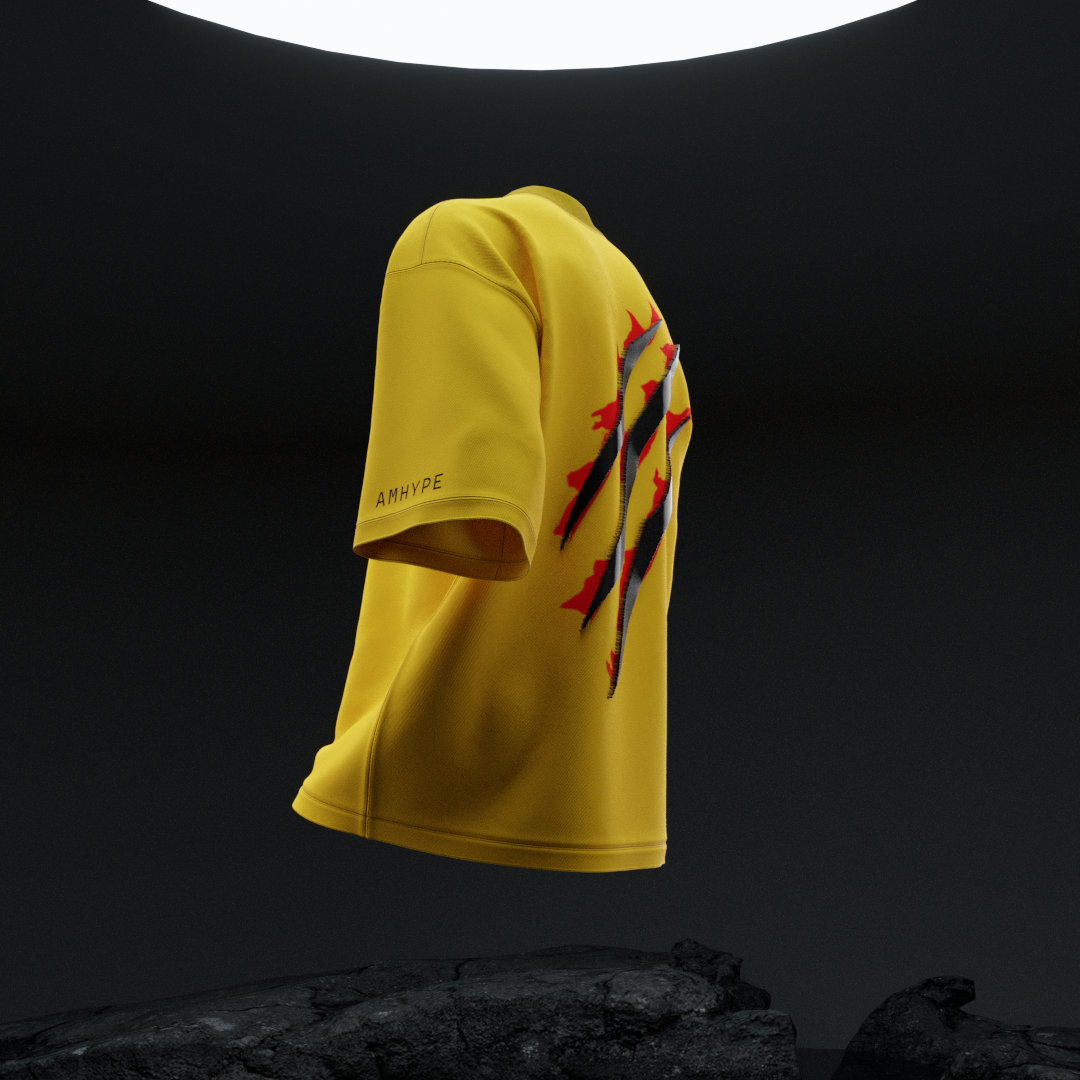 Side angle of amhype Wolverine X-Men oversized tee — X-Men red circle logo on sleeve and AMHYPE branding on yellow 260 GSM terry tee