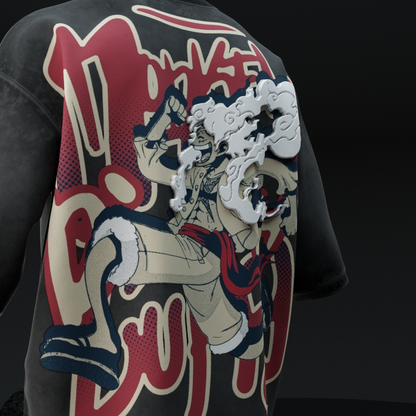 Close-up of Gear 5 Luffy artwork on amhype acid wash oversized tee — white cloud hair Nika form in cream red navy on distressed black cotton