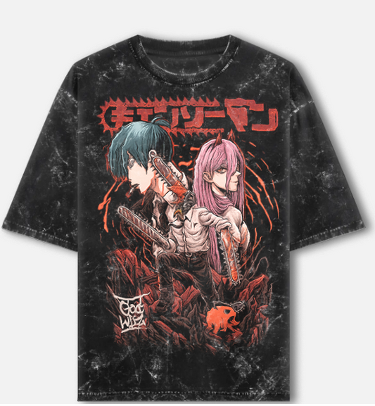 Chainsaw Man Acid-Wash Tee — Denji & Makima Front Print (Unisex Oversized)
